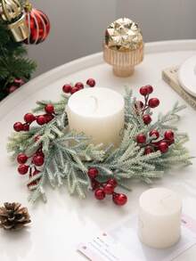 MEHELANY 1 buc inele de lumânări cu ace de pin artificiale din fructe de pădure, suporturi pentru lumânări cu ghirlandă, inele de ace de pin artificiale pentru decorațiuni de masă de Crăciun, decorațiuni pentru lumânări cu ghirlandă, ghirlandă cu verdeață artificială, flori artificiale, vază de interior, decorațiuni pentru piesa centrală a șemineului, decor de Crăciun pentru casă, decorațiuni pentru piesa centrală a mesei
