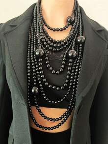 1 Set Women's Fashionable Exaggerated Pearl Decor Necklace, Long Body Chain, Earrings Suit, Elegant Accessories Necklace Round Bead European And American Pearl Necklace New Exaggerated Multi-Layer Collarbone Fashion Retro Versatile Temperament Sweater Jewelry - Pearl Long Necklace Set - View 3