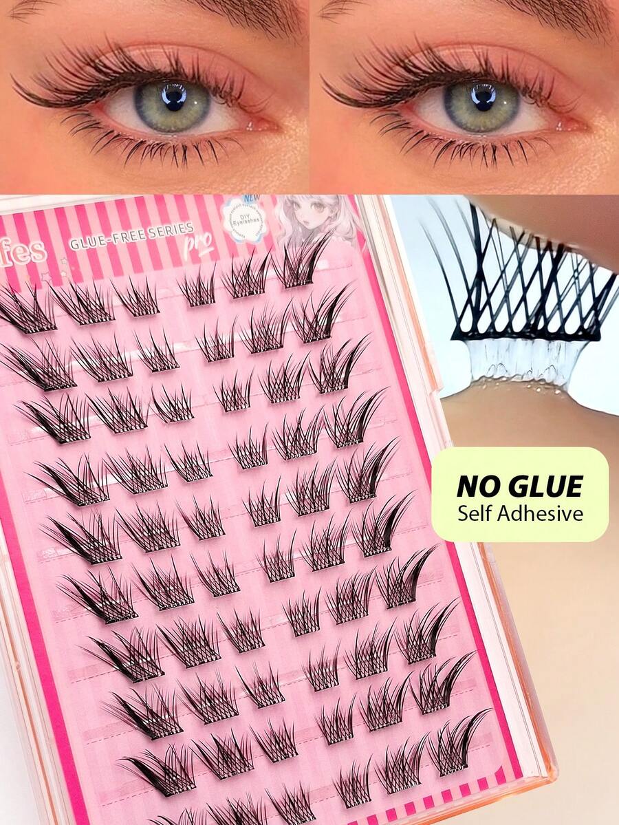 Asiteo 60pcs C-Curl Curly Cartoon Fox Eye Self-Adhesive Cluster Fake Eyelashes, No Glue Needed, DIY Individual Lash Extension, Natural & Soft, Segmented False Eyelashes - C - View 1