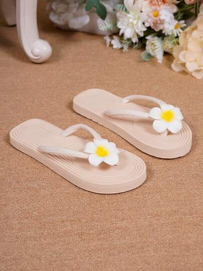 Women's Flat Thong Sandals, Beige Cute Flat Thong Slippers, Grey Flip Flops, Minimalist Beach Style Summer Flat Sandals With Floral Decor