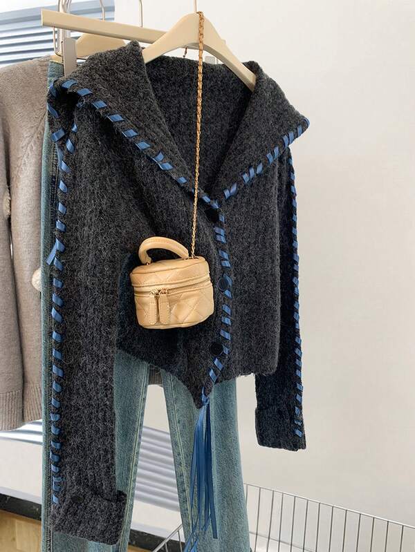 JIANHU Schwarzer Matrosenkragen gerippter Cardigan - Herbst Winter Strick mit marineblauer Borte & festem Bindeband | Weihnachtsmärkte & maritiler Stil