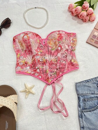 1 件新款帝国风格前开腰带女式性感辣妹风格露肩修身上衣，腰线设计