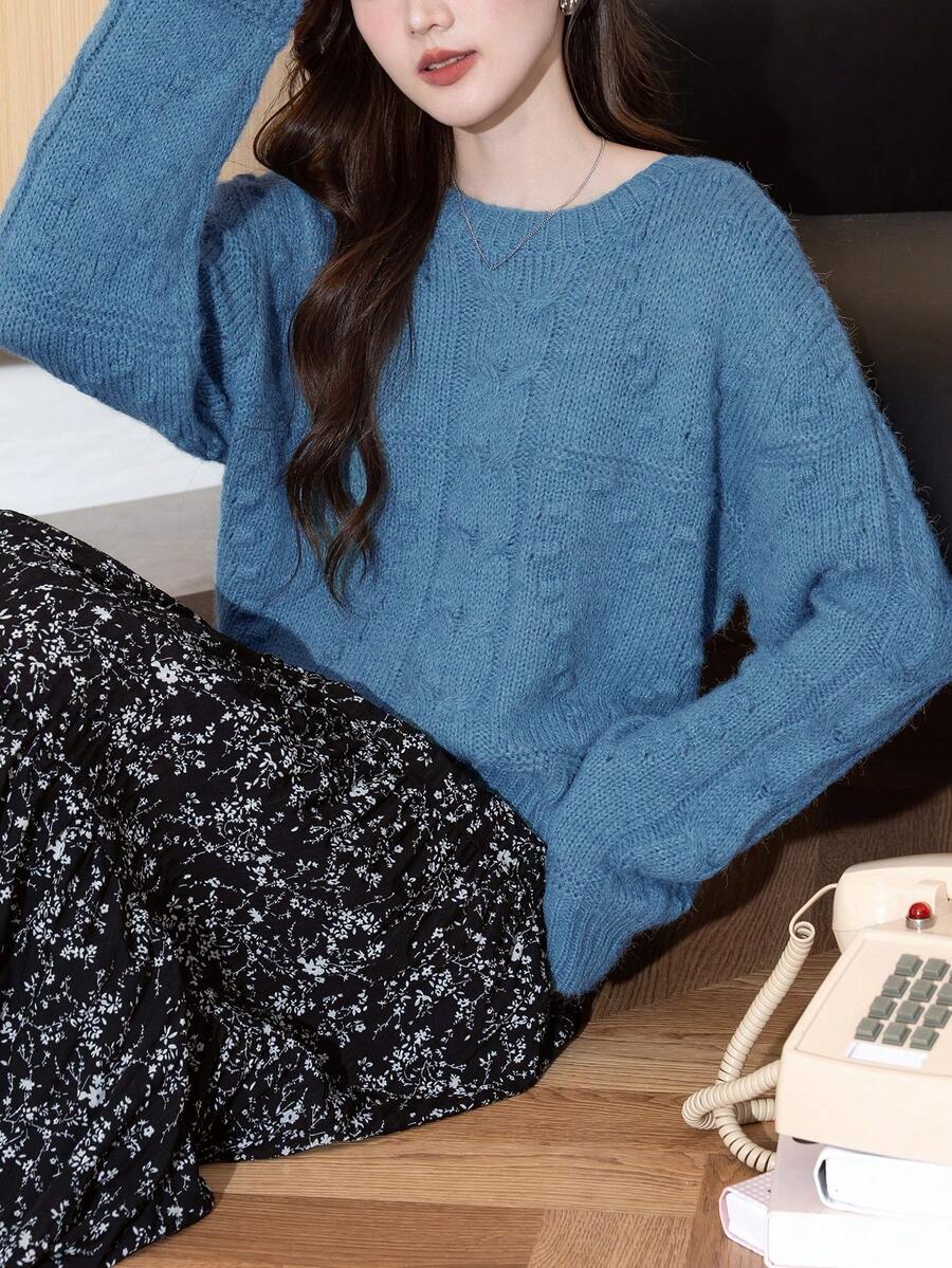 女式复古纹理麻花图案圆领套头衫,秋冬 - 藍色 - 查看 1
