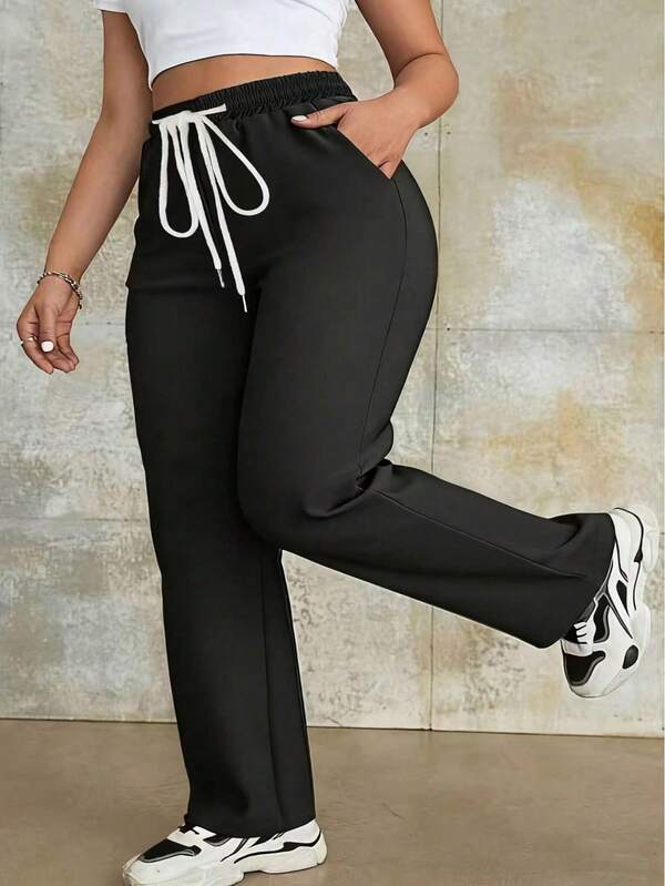 Plus Size Casual Solid Color Drawstring Waist Long Pants