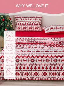 Seturi de cearșafuri cu imprimeu de reni și fulgi de zăpadă de Crăciun, 3/4 buc., cu fețe de pernă, lenjerie de pat ușoară, cu aspect de nori, rezistentă la șifonare, rezistentă la micșorare, inclusiv cearșaf plat * 1 + cearșaf cu elastic * 1 + față de pernă * 1/2, cearșaf cu buzunar adânc, pentru paturi de toate dimensiunile, certificat Oeko-Tex