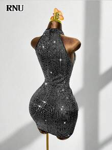 RNU 彩色亮片露背弹力性感紧身连衣裙，适合约会、嘉年华、派对、夜店、街头、情人节、新年、生日，春夏秋冬皆宜。 - 彩色 - 查看 5