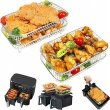 Set Of 3PCS Stainless Steel Air Fryer Grilling Rack Double Basket, 3 Layer Dehydrator Barbecue Rectangular Air Fryer Rack, Multi-Purpose Air Fryer Accessories For Kitchen Baking And Roasting - Silver - View 6