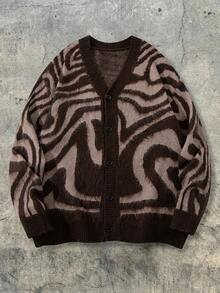 Casual Loose V-Neck Button-Up Cardigan, Zebra Print, Streetwear Style Unisex Top, Spring/Autumn/Winter - Brown - View 2
