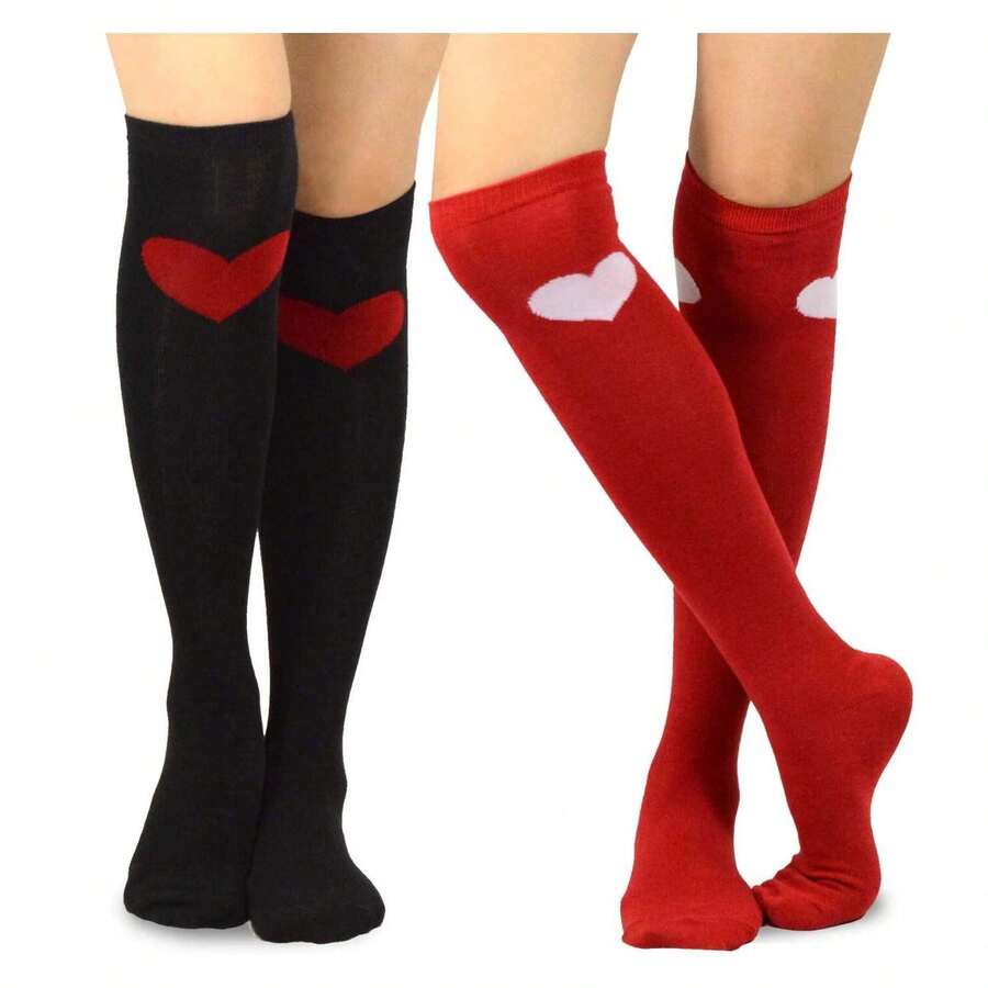 Women's Valentine's Day Knee High Socks - 2 Pair Pack Cotton - Seperti Gambar 683 - View 1