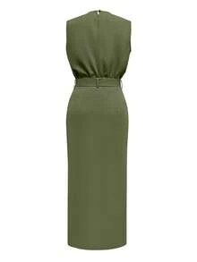 2pcs Women's Solid Color Casual Elegant Summer Set With Belt And Pockets - Army Green - View 3