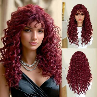 PIAOYUN Lange, lockige Afro-Perücke in tiefroten Farbtönen für Frauen mit sauberen Pony, aus natürlichen, hitzebeständigen Synthetikstoffen, für den täglichen Gebrauch, Musikfestivals, Partys, Cosplay, Halloween und Straßenfotografie geeignet