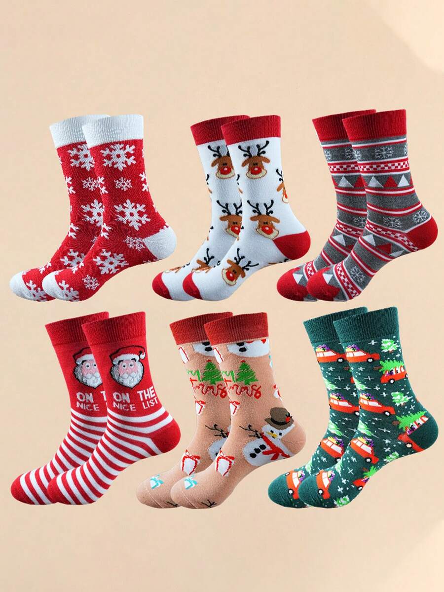 6 Pairs New Plus Size Christmas Socks Set, Mid-Calf Santa Claus Cute Cartoon Socks