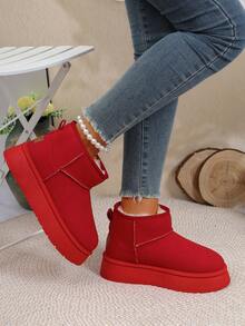女士简约纯色套脚圆头圣诞红雪地靴，保暖内衬，厚底，冬季保暖靴，休闲风格，日常穿着，节日红色短筒靴，毛绒靴 - 紅色 - 查看 6