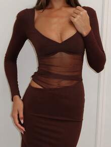 Sexy Y2K Mesh Patchwork Long Sleeve Dress, Sheer Black French Elegant Design Dress For Dates And Parties - Brown - View 2