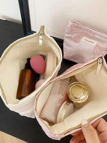 黑色蝴蝶结手拿包，旅行百搭，便携易用，适合返校季化妆包，时尚休闲大容量拉链化妆包，旅行文具收纳包，度假必备化妆包，可装卫生巾、有线耳机、耳塞、头戴式耳机、充电器、口红、香水、护肤品和美容产品，家居装饰，女士、护士适用，化妆包，旅行必备 - 黑色 - 查看 7