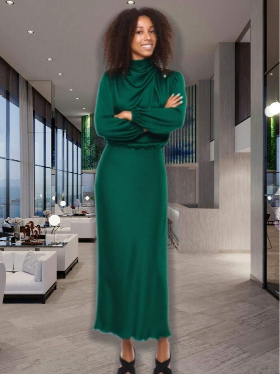 Elegant Fall Satin Mock Neck Dress For Women Long Sleeve Wedding Guest Midi Elastic High Waist Party Formal Dresses - 墨綠色 - 查看 1