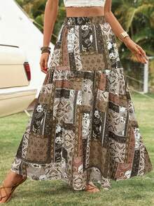 Falda con volantes y estampado patchwork bohemio de vacaciones para mujer, primavera - Caqui - Ver 2