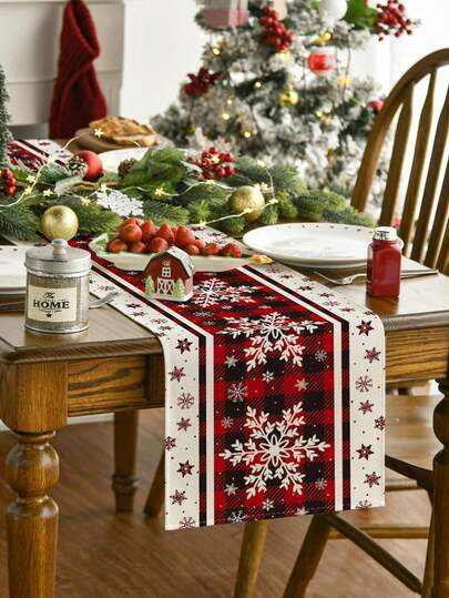 布法罗格子雪花圣诞桌旗季节性冬季厨房餐桌装饰非常适合家庭派对装饰 - 节日、家居、厨房、壁炉架、餐桌装饰、冬季圣诞派对用品