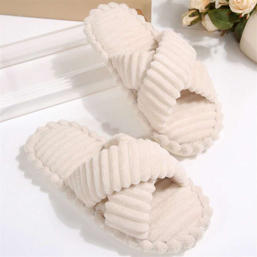 Womens Slippers Fall Winter Memory Foam Open Toe Slide Indoor Outdoor House Shoes Plush Cotton Fuzzy Bedroom Slippers - Khaki - View 1