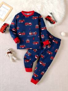 BrownBark 2 件套男童卡通卡车印花圆领长袖上衣和裤子套装，柔软舒适休闲男童儿童服装，适合日常休闲外出 - 藏蓝色 - 查看 2