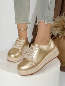 Women's Solid Color Fashion Shoes, Lace-Up Low-Top Thick-Soled Wedge Shoes, Round Toe Versatile Flats - Gold - View 1