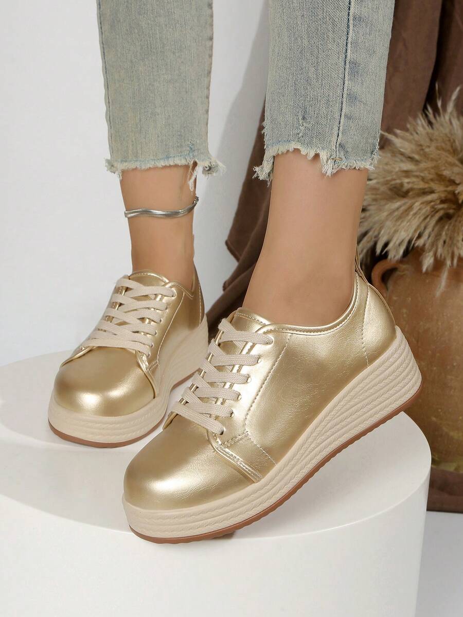 Women's Solid Color Fashion Shoes, Lace-Up Low-Top Thick-Soled Wedge Shoes, Round Toe Versatile Flats - Gold - View 1