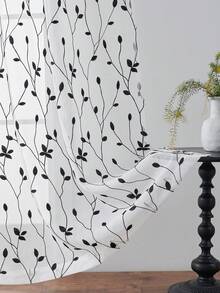 Floral Embroidered Sheer Curtain Simple White Transparent Curtain With Rod Pocket Embroidered Vine Floral Pattern Curtain Semi-Sheer Linen-Like Voile Curtain For Bedroom, Living Room
