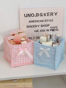 1 Cute Pink And Blue Three-Dimensional Bow Lace Storage Basket, Desktop Sundries Storage Basket, Lipstick Makeup Brush Skin Care Storage Basket, Desktop Decoration - 彩色 - 查看 6