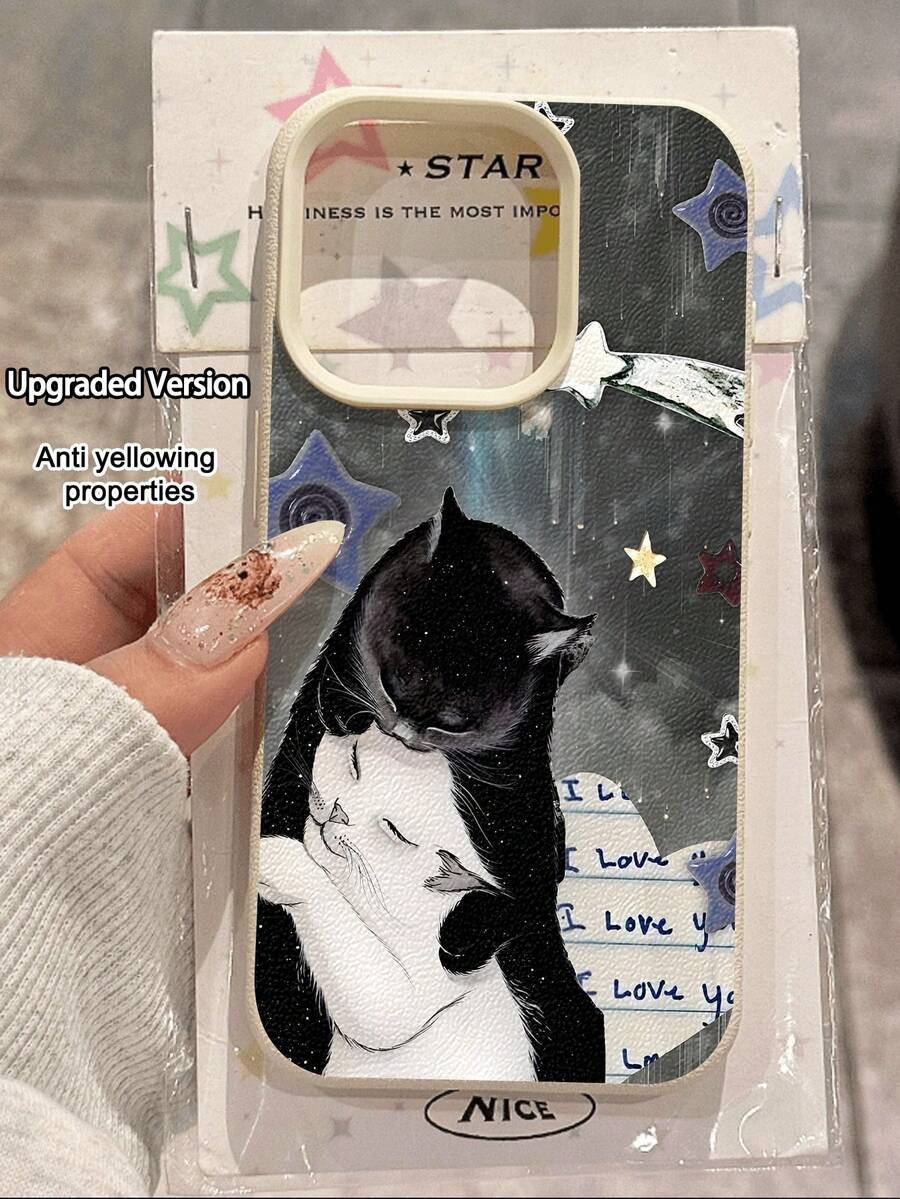 1pc Vintage Hugging Cat Pattern Waterproof Anti-Fall Anti-Slip Soft Leather Phone Case Cover Compatible With Apple, Phones - Multicolor - View 1