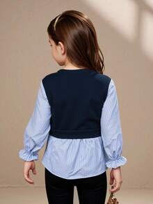 SHEIN Elladie kids 少女纯色针织背心搭配条纹衬衫（二合一） - 藍色 - 查看 3