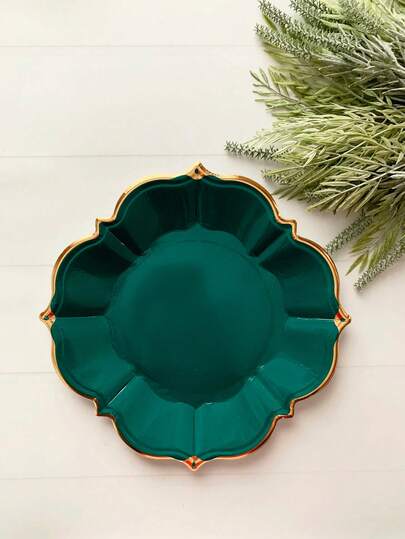 10Pcs/30Pcs/50Pcs Christmas (9 Inch) Teal Green Plates Disposable Paper Plates With Golden Foil Scalloped Edging Scalloped Plates For Christmas/Bridal/Wedding/Birthday Party Supplies