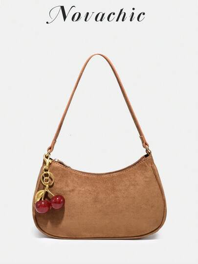 1pc Soft Suede Short Plush Autumn/Winter Decorative Cherry Pendant, Women Simple Shoulder Bag With Zipper Closure, Vintage Style Underarm Bag, Suitable For Various Occasions