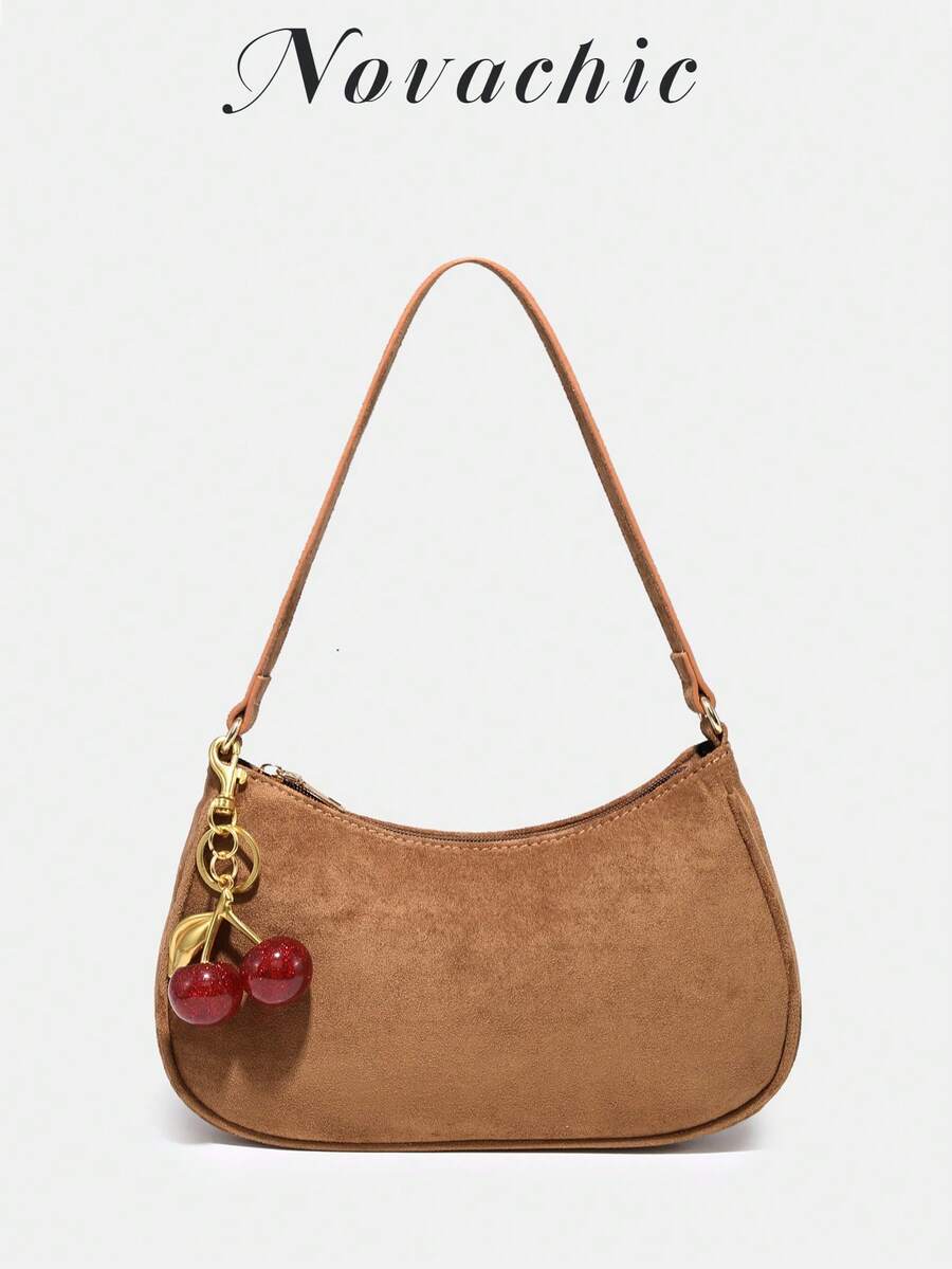 1pc Soft Suede Short Plush Autumn/Winter Decorative Cherry Pendant, Women Simple Shoulder Bag With Zipper Closure, Vintage Style Underarm Bag, Suitable For Various Occasions - Mocha Brown - View 1