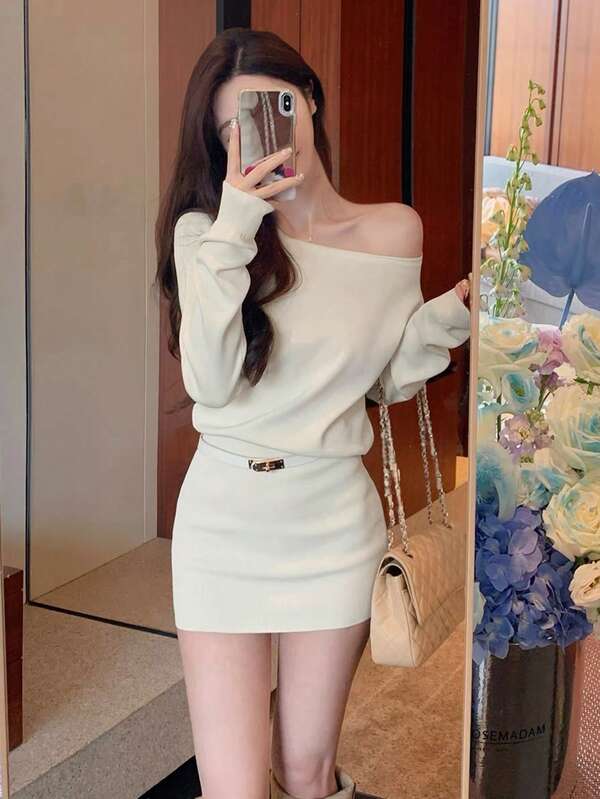 EFUROOM Free Shipping! Women's Fall Beige Off-The-Shoulder Long Sleeve Pullover Dress, Y2K Style, Cute Design With Belt, Highly Elastic Knit Dress, Office Casual, Japanese/Korean Style, Fall Dress