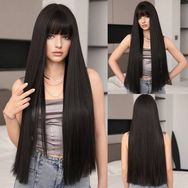 PIAOYUN Synthetische lange gerade schwarze Perücke für Frauen für den täglichen Gebrauch, modische lange gerade geschichtete Farbverlauf-Haare Perücken mit Pony, hohe Dichte