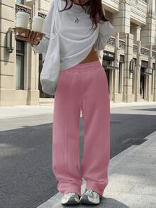 Sulojter Casual Loose Solid Color Elastic Waist Sweatpants - Pink - View 5