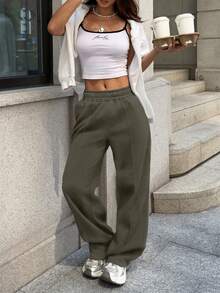 Sulojter Casual Loose Solid Color Elastic Waist Sweatpants - Khaki - View 3