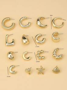 2pcs-32pcs Fashion Starfish, Shell,Pentagram Golden Earrings Set, Suitable For Travel And Holiday Wear