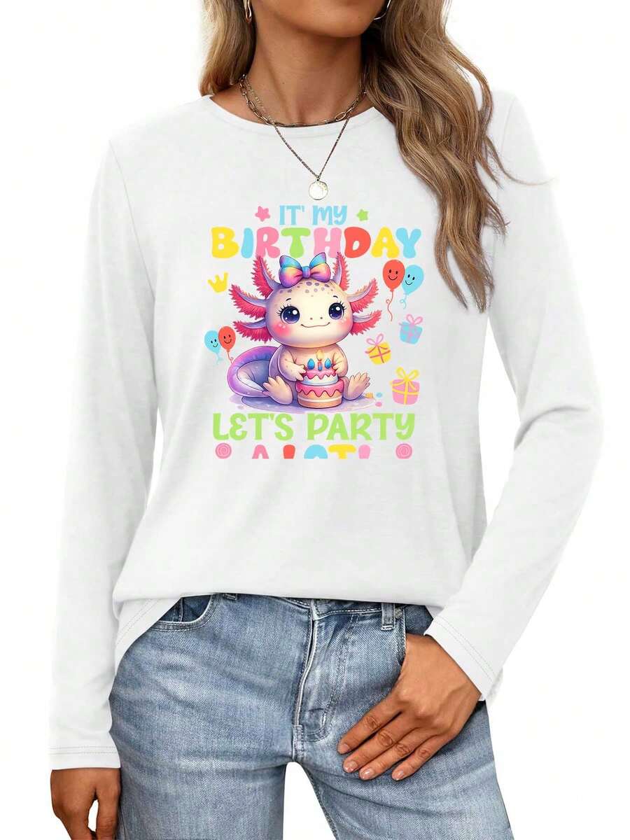 Happy Birthday Axolotl With Cake And Balloons Womens Long-Sleeve Crewneck T-Shirt - trắng - Xem 1
