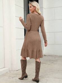 Women's Knitted Sweater Dress With Pockets, Casual Ruffle Hem, Brown Midi Dress, Suitable For Spring, Valentine's Day Party - Brown - View 8