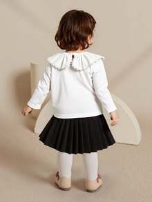 SHEIN Elladie kids Baby Girl (0-3 Years) Versatile Minimalist Elegant White Solid Knitted Long Sleeve Round Neck Ruffle Trim Pullover T-Shirt, Suitable For Layering Or Outerwear, All Season - White - View 3