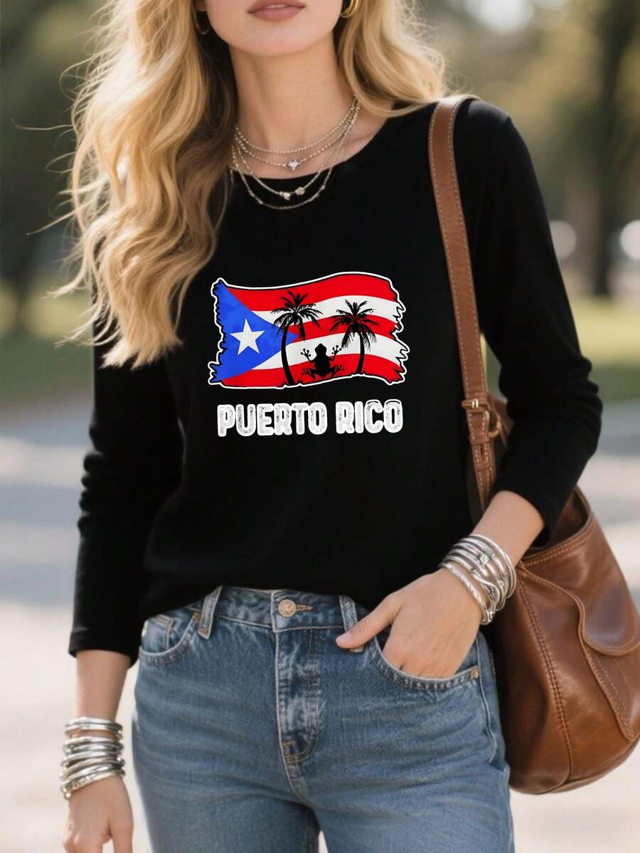 Puerto Rico Flag With Palm Trees And Silhouette Long Sleeve T-Shirt For Women Casual Puerto Rican Pride Graphic Tee White Top - 黑色 - 查看 1