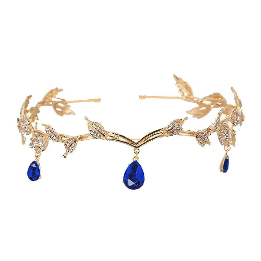  Baroque Court Style Crown Headpiece Handmade Inlaid Rhinestone Forehead Pendant Bridal Photo Party Artifact Vintage Princess Style Collectible Accessory - 藍色 - 查看 1