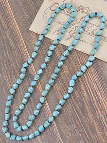 1 pieza Collar largo de dos capas hecho a mano con cuentas de turquesa estilo bohemio vintage, regalo y uso diario