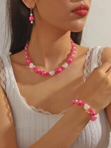 Set de 4 piezas de collar con cuentas en forma de corazón, pulsera y aretes minimalistas y elegantes, adecuado para hombres y mujeres, ideal para vacaciones, fiestas, uso diario, un regalo maravilloso para Halloween, Navidad, Acción de Gracias, cumpleaños