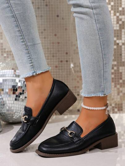 Teenagers' Thick Sole Casual Shoes, Metal Buckle Decor, Black, Versatile Fashion Sneakers For Students