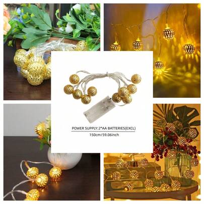 1.5米10颗LED灯串/3米20颗LED灯串，金色球形灯串，电池供电（不含电池），适用于圣诞节装饰、派对装饰、家居装饰，适合卧室、客厅、厨房、阳台等场所。