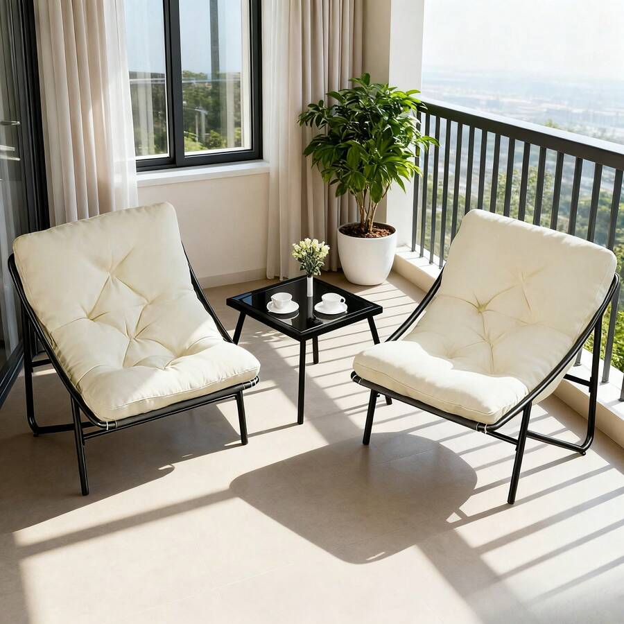 T-ZBDZ Comfortable 3-Piece Balcony Furniture Set With Seat Cushions And Table – Ideal For Small Balconies And Terraces - 白色 - 查看 1