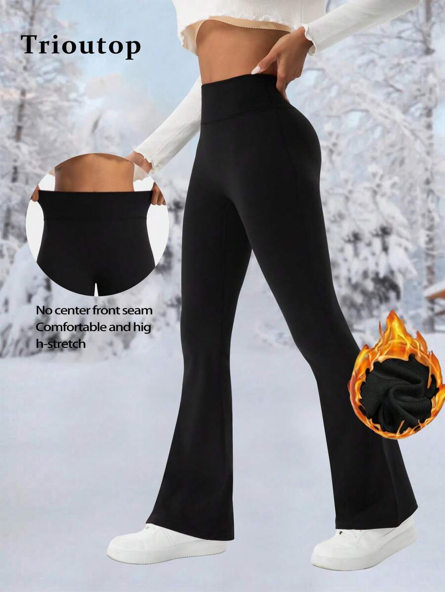 Trioutop Winter Wide Leg Pants, Women's Classic Elastic Waist Flare Trousers, Versatile Fall Casual For Travel, Winter Pants, Winter Leggings, Winter Bottoms - Black - View 1