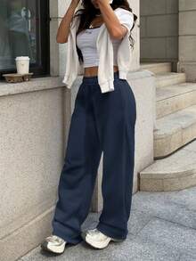 Sulojter Casual Loose Solid Color Elastic Waist Sweatpants - Dusty Blue - View 8